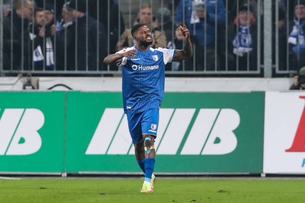 Torjubel - Torschütze Moritz Broni Kwarteng (1. FC Magdeburg,8) trifft zum 1-0 - 2. Fußball Bundesliga Saison 2022-2023 1. FC Magdeburg vs. 1. FC Kaiserslautern in der MDCC Arena in Magdeburg - Freisteller,Aktion,Fußball,Mann,Männer,Deutschland,03.03.2023