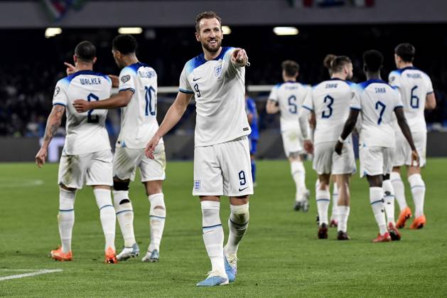 Harry Kane of England celebrates after scoring on penalty the goal of 0-2 during the UEFA EURO2024 European Championship, EM, Europameisterschaft Qualification Group C football match between Italy and England at Diego Armando Maradona stadium in Napoli (Italy), March 23rd, 2023. Harry Kane of England become the top scorer of the history of England national team, Nationalteam Photo Andrea Staccioli Insidefoto Andrea Staccioli