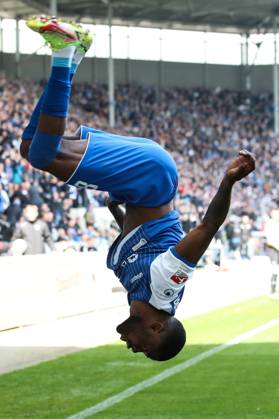 Torjubel - Torschütze Moritz Broni Kwarteng (1. FC Magdeburg,8) trifft zum 1-0 - 2. Fußball Bundesliga Saison 2022-2023 1. FC Magdeburg vs. Hamburger SV in der MDCC Arena in Magdeburg - Freisteller,Aktion,Fußball,Mann,Männer,Deutschland,29.04.2023