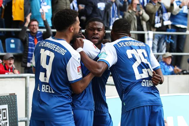 Torjubel - Torschütze Moritz Broni Kwarteng (1. FC Magdeburg,8) trifft zum 1-0 - 2. Fußball Bundesliga Saison 2022-2023 1. FC Magdeburg vs. Hamburger SV in der MDCC Arena in Magdeburg - Aktion,Fußball,Mann,Männer,Deutschland,29.04.2023
