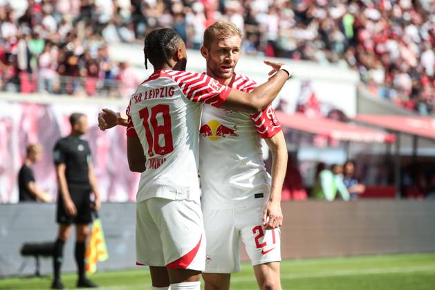 Torjubel - Torschütze Christopher Nkunku (RB Leipzig,18) trifft zum 2-0 mit Konrad Laimer (RB Leipzig,27) - 1. Fussball Bundesliga Saison 2022-2023 Punktspiel RB Leipzig vs. FC Schalke 04 in der Red Bull Arena in Leipzig - Aktion,Fussball,Deutschland,Mann,Männer,27.05.2023