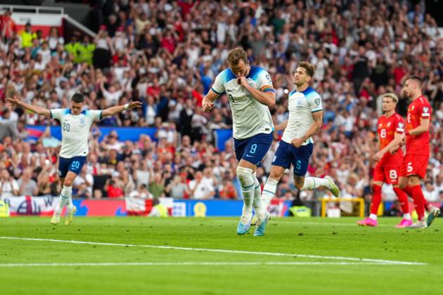Harry Kane (9) of England celebrates after he scores his second goal (Penalty) during the UEFA EURO, EM, Europameisterschaft,Fussball Group C Qualifiers match between England and North Macedonia at Old Trafford, Manchester, England on 19 June 2023. Copyright: xDavidxHornx PMI-5596-0236