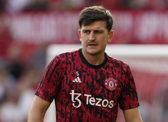 MANCHESTER, ENGLAND, 7th October 2023. Harry Maguire of Manchester United, ManU warms up before the Premier League match at Old Trafford, MANCHESTER. Picture credit should read: Andrew Yates Sportimage EDITORIAL USE ONLY. No use with unauthorised audio, video, data, fixture lists, club league logos or live services. Online in-match use limited to 120 images, no video emulation. No use in betting, games or single club league player publications. SPI-2635-0009