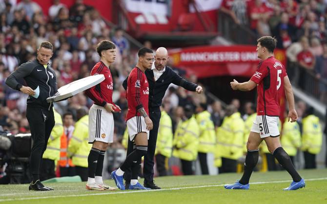 Manchester, England, 7th October 2023. Harry Maguire of Manchester United, ManU is substituted during the Premier League match at Old Trafford, Manchester. Picture credit should read: Andrew Yates Sportimage EDITORIAL USE ONLY. No use with unauthorised audio, video, data, fixture lists, club league logos or live services. Online in-match use limited to 120 images, no video emulation. No use in betting, games or single club league player publications. SPI-2635-0028