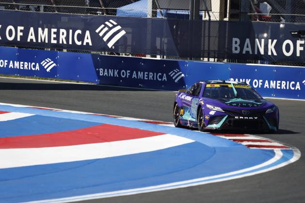 CHARLOTTE, NC - OCTOBER 07: Tyler Reddick ( 45 23XI Racing Jordan Brand Toyota) races into turn 3 during qualifying for the NASCAR, Motorsport, USA Cup Series Playoff Bank of America ROVAL 400 on October 07, 2023 at Charlotte Motor Speedway in Charlotte, NC. (Photo by Jeff Robinson Icon Sportswire) AUTO: OCT 07 NASCAR Cup Series Playoff Bank of America ROVAL 400 EDITORIAL USE ONLY Icon2310072865400