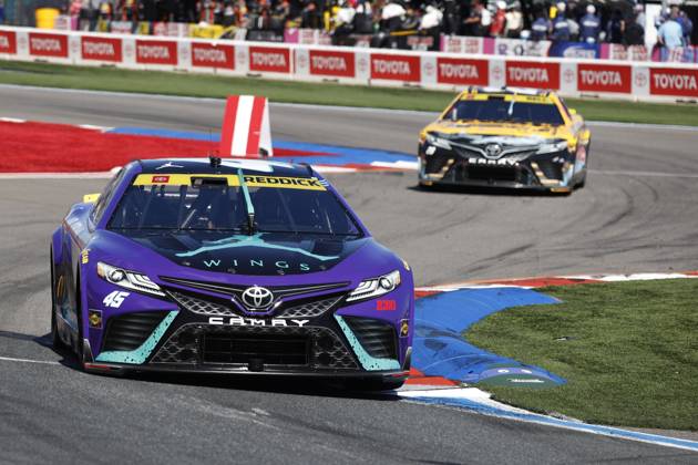 CHARLOTTE, NC - OCTOBER 08: Tyler Reddick ( 45 23XI Racing Jordan Brand Toyota) enters turn 18 during the running of the NASCAR, Motorsport, USA Cup Series Playoff Bank of America ROVAL 400 on October 8, 2023, at Charlotte Motor Speedway in Charlotte, NC. (Photo by Jeff Robinson Icon Sportswire) AUTO: OCT 08 NASCAR Cup Series Playoff Bank of America ROVAL 400 EDITORIAL USE ONLY Icon2310081250400