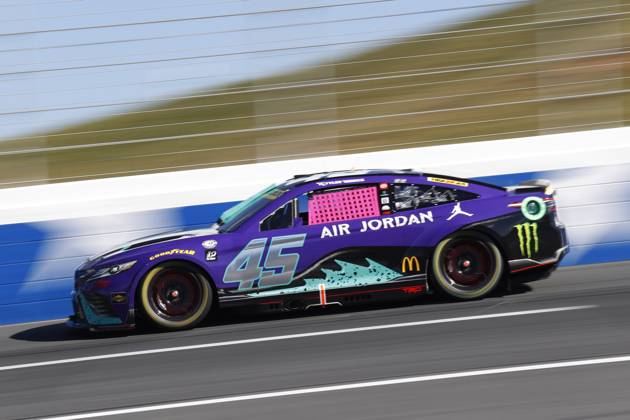 CHARLOTTE, NC - OCTOBER 08: Tyler Reddick ( 45 23XI Racing Jordan Brand Toyota) races down the back stretch during the running of the NASCAR, Motorsport, USA Cup Series Playoff Bank of America ROVAL 400 on October 8, 2023, at Charlotte Motor Speedway in Charlotte, NC. (Photo by Jeff Robinson Icon Sportswire) AUTO: OCT 08 NASCAR Cup Series Playoff Bank of America ROVAL 400 EDITORIAL USE ONLY Icon2310081834400