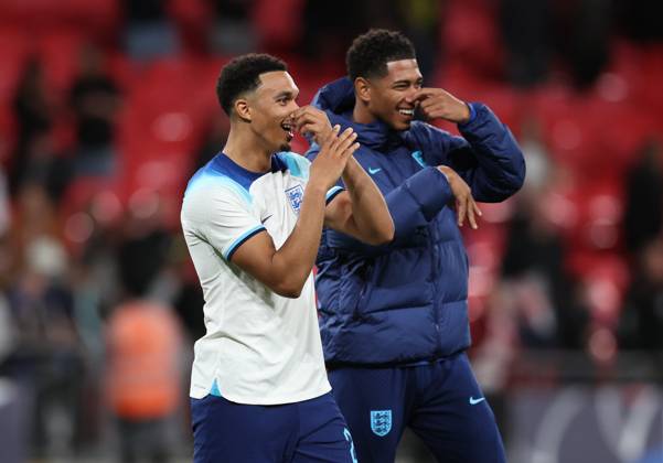 London, England, 13th October 2023. Trent Alexander-Arnold of England and Jude Bellingham of England hold their noses as they walk off the pitch during the International Friendly, Länderspiel, Nationalmannschaft match at Wembley Stadium, London. Picture credit should read: David Klein Sportimage EDITORIAL USE ONLY. No use with unauthorised audio, video, data, fixture lists, club league logos or live services. Online in-match use limited to 120 images, no video emulation. No use in betting, games or single club league player publications. SPI-2645-0077