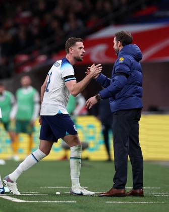 London, England, 13th October 2023. Jordan Henderson of England gets substituted by Gareth Southgate manager of England during the International Friendly, Länderspiel, Nationalmannschaft match at Wembley Stadium, London. Picture credit should read: David Klein Sportimage EDITORIAL USE ONLY. No use with unauthorised audio, video, data, fixture lists, club league logos or live services. Online in-match use limited to 120 images, no video emulation. No use in betting, games or single club league player publications. SPI-2645-0116