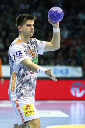 Renars Uscins (TSV Hannover-Burgdorf,10) - Handball Bundesliga Saison 2023-2024 SC Magdeburg vs. TSV Hannover-Burgdorf in der GETEC Arena in Magdeburg - Einzelbild,Aktion,Handball,Deutschland,15.10.2023