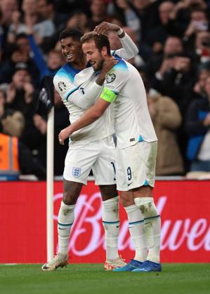London, England, 17th October 2023. Harry Kane of England celebrates with team mate Marcus Rashford after scoring to give the side a 3-1 lead the UEFA European Championship, EM, Europameisterschaft Qualifying match at Wembley Stadium, London. Picture credit should read: Jonathan Moscrop Sportimage EDITORIAL USE ONLY. No use with unauthorised audio, video, data, fixture lists, club league logos or live services. Online in-match use limited to 120 images, no video emulation. No use in betting, games or single club league player publications. SPI-2650-0040