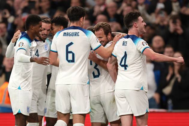 London, England, 17th October 2023. Harry Kane of England celebrates with team mates after scoring to give the side a 3-1 lead during the UEFA European Championship, EM, Europameisterschaft Qualifying match at Wembley Stadium, London. Picture credit should read: Jonathan Moscrop Sportimage EDITORIAL USE ONLY. No use with unauthorised audio, video, data, fixture lists, club league logos or live services. Online in-match use limited to 120 images, no video emulation. No use in betting, games or single club league player publications. SPI-2650-0053