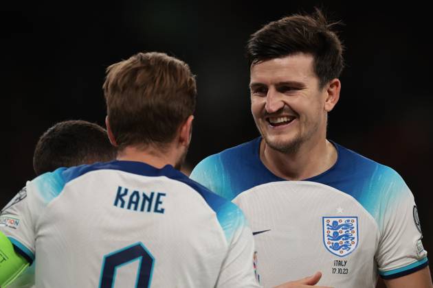 London, England, 17th October 2023. Harry Kane of England celebrates with team mate Harry Maguire after scoring a first half penalty to level the game at 1-1 during the UEFA European Championship, EM, Europameisterschaft Qualifying match at Wembley Stadium, London. Picture credit should read: Jonathan Moscrop Sportimage EDITORIAL USE ONLY. No use with unauthorised audio, video, data, fixture lists, club league logos or live services. Online in-match use limited to 120 images, no video emulation. No use in betting, games or single club league player publications. SPI-2650-0124