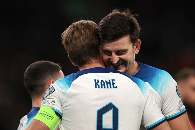 London, England, 17th October 2023. Harry Kane of England celebrates with team mate Harry Maguire after scoring a first half penalty to level the game at 1-1 during the UEFA European Championship, EM, Europameisterschaft Qualifying match at Wembley Stadium, London. Picture credit should read: Jonathan Moscrop Sportimage EDITORIAL USE ONLY. No use with unauthorised audio, video, data, fixture lists, club league logos or live services. Online in-match use limited to 120 images, no video emulation. No use in betting, games or single club league player publications. SPI-2650-0125