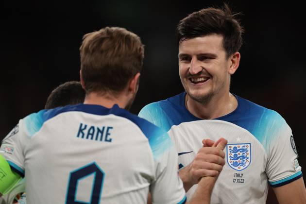London, England, 17th October 2023. Harry Kane of England celebrates with team mate Harry Maguire after scoring a first half penalty to level the game at 1-1 during the UEFA European Championship, EM, Europameisterschaft Qualifying match at Wembley Stadium, London. Picture credit should read: Jonathan Moscrop Sportimage EDITORIAL USE ONLY. No use with unauthorised audio, video, data, fixture lists, club league logos or live services. Online in-match use limited to 120 images, no video emulation. No use in betting, games or single club league player publications. SPI-2650-0139