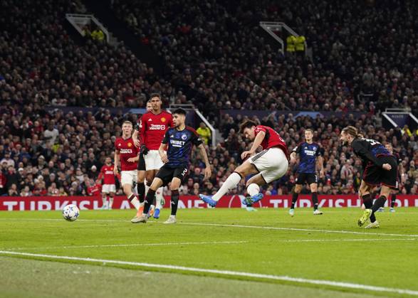 Manchester, England, 24th October 2023. Harry Maguire of Manchester United, ManU scores the first goal during the UEFA Champions League match at Old Trafford, Manchester. Picture credit should read: Andrew Yates Sportimage EDITORIAL USE ONLY. No use with unauthorised audio, video, data, fixture lists, club league logos or live services. Online in-match use limited to 120 images, no video emulation. No use in betting, games or single club league player publications. SPI-2672-0082