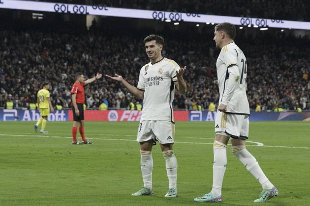 LA LIGA EA Sports - Real Madrid vs Villarreal Brahim Diaz of Real Madrid is celebrating a goal during the La Liga 2023 24 match between Real Madrid and Villarreal at Santiago Bernabeu Stadium in Madrid, Spain, on December 17, 2023. Madrid Spain Copyright: xGuillermoxMartinezx originalFilename:martinez-laligaea231217_npxS4
