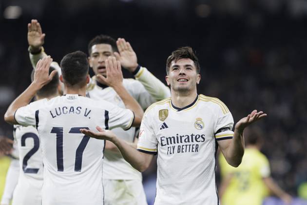 LA LIGA EA Sports - Real Madrid vs Villarreal Brahim Diaz of Real Madrid is celebrating a goal during the La Liga 2023 24 match between Real Madrid and Villarreal at Santiago Bernabeu Stadium in Madrid, Spain, on December 17, 2023. Madrid Spain Copyright: xGuillermoxMartinezx originalFilename:martinez-laligaea231218_npxRf
