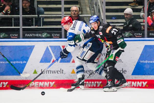 Alexander Karachun (47, Schwenninger Wild Wings) und Jere Karjalainen (21, Augsburger Panther) im Zweikampf, Augsburger Panther v Schwenninger Wild Wings , Eishockey, Herren, Penny DEL 2023 2024, Hauptrunde, 33.Spieltag am 30.12.2023 in Augsburg, Curt-Frenzel-Stadion. Bayern Deutschland