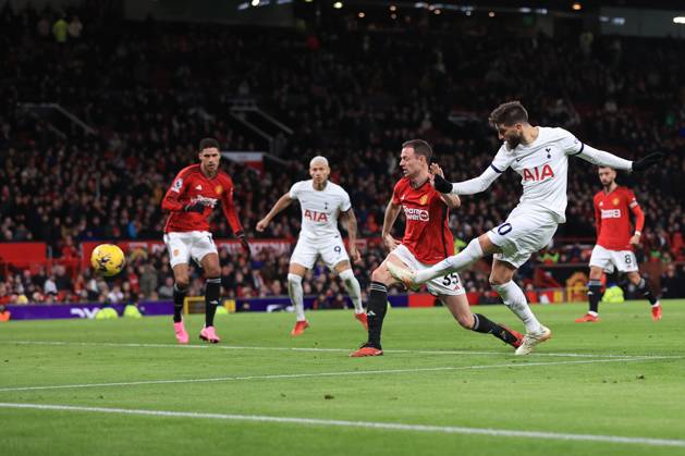 Manchester United, ManU v Tottenham Hotspur 14 January 2024 - Premier League - Manchester United v Tottenham Hotspur - Rodrigo Bentancur of Tottenham Hotspur scoring the second equalising goal for his team (2-2 - Photo: Simon Stacpoole Offside. Manchester UK Copyright: xSimonxStacpoolexOffside