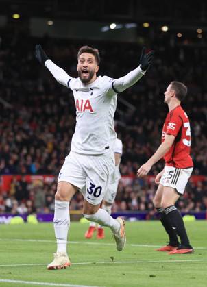 Manchester United, ManU v Tottenham Hotspur 14 January 2024 - Premier League - Manchester United v Tottenham Hotspur - Rodrigo Bentancur of Tottenham Hotspur celebrates after scoring the second equalising goal for his team (2-2) - Photo: Simon Stacpoole Offside. Manchester UK Copyright: xSimonxStacpoolexOffside