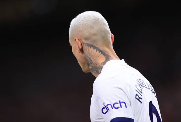 Manchester United, ManU v Tottenham Hotspur 14 January 2024 - Premier League - Manchester United v Tottenham Hotspur - a large tattoo visible on the neck of Richarlison of Tottenham Hotspur - Photo: Simon Stacpoole Offside. Manchester UK Copyright: xSimonxStacpoolexOffside