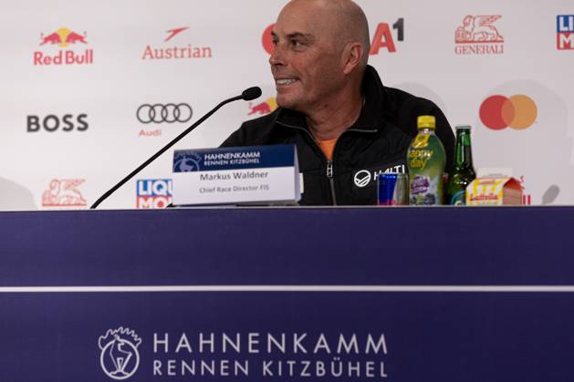 Markus Waldner the Chief Race director of FIS speaks during the Team Captains meeting before the Kitzbühel Downhill on Jan 18, 2024 in Kitzbühel, Austria. Copyright: xRobertxSzaniszlox HKR24Thu 0041