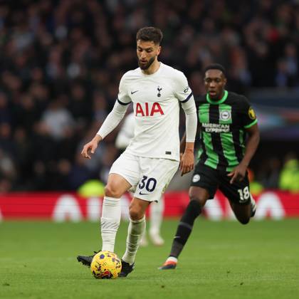 Rodrigo Bentancur of Tottenham Hotspur is challenged by Danny Welbeck of Brighton & Hove Albion during the Premier League match between Tottenham Hotspur and Brighton and Hove Albion at Tottenham Hotspur Stadium, London, England on 10 February 2024. Copyright: xKenxSparksx 39670079