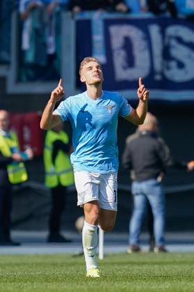 Gustav Isaksen of SS Lazio celebrates after scoring first goal during the Serie A match between SS Lazio and Bologna FC at Stadio Olimpico Rome Italy on 18 February 2024. Rome Stadio Olimpico Rome Italy Copyright: xPhotoxSportxPicsx SP24-857-028