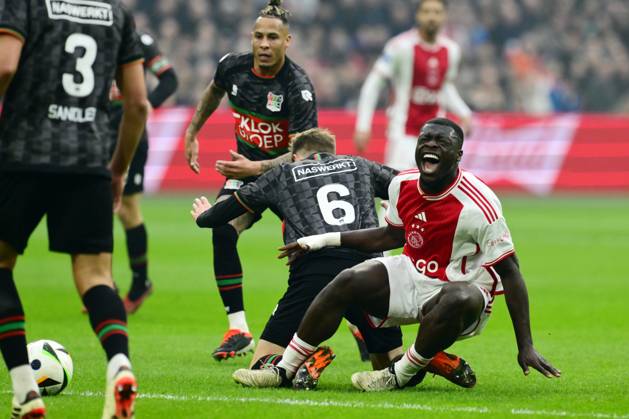 AMSTERDAM - (l-r) Tjaronn Chery of NEC Nijmegen, Mees Hoedemakers of NEC Nijmegen, Brian Brobbey of Ajax during the Dutch Eredivisie match between Ajax Amsterdam and NEC Nijmegen at the Johan Cruijff ArenA on February 18, 2024 in Amsterdam, Netherlands. ANP OLAF KRAAK Dutch Eredivisie 2023 2024 xVIxANPxSportx xxANPxIVx 491428131 originalFilename: 491428131