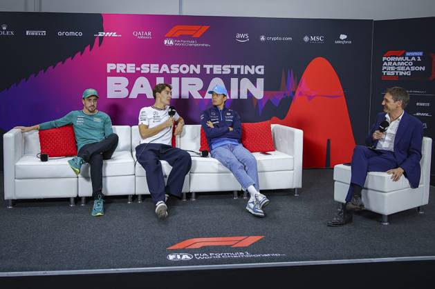 ALONSO Fernando (spa), Aston Martin F1 Team AMR24, RUSSELL George (gbr), Mercedes AMG F1 Team W15, ALBON Alexander (tha), Williams Racing FW46, portrait, press conference, PK, Pressekonferenz during the Formula 1 Aramco pre-season testing 2024 of the 2024 FIA Formula One World Championship, WM, Weltmeisterschaft from February 21 to 23, 2024 on the Bahrain International Circuit, in Sakhir, Bahrain - Photo Eric Alonso DPPI F1 Pre-season Testing in Bahrain at Bahrain International Circuit on February 22, 2024 in Sakhir, Bahrain. (Photo by HOCH ZWEI) Sakhir Sakhir Bahrain Bahrain