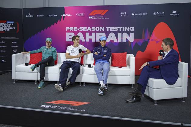 ALONSO Fernando (spa), Aston Martin F1 Team AMR24, RUSSELL George (gbr), Mercedes AMG F1 Team W15, ALBON Alexander (tha), Williams Racing FW46, portrait, press conference, PK, Pressekonferenz during the Formula 1 Aramco pre-season testing 2024 of the 2024 FIA Formula One World Championship, WM, Weltmeisterschaft from February 21 to 23, 2024 on the Bahrain International Circuit, in Sakhir, Bahrain - Photo Eric Alonso DPPI F1 Pre-season Testing in Bahrain at Bahrain International Circuit on February 22, 2024 in Sakhir, Bahrain. (Photo by HOCH ZWEI) Sakhir Sakhir Bahrain Bahrain