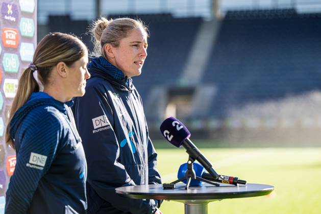 240226 Head coach Gemma Grainger of the Norwegian women s national football team during a press conference, PK, Pressekonferenz on February 26, 2024 in Stavanger. Photo: Marius Simensen BILDBYRAN COP 238 bbeng dam football fotball fotboll norge norway press conference pressekonferanse soccer uefa women s nations league Copyright: MARIUSxSIMENSEN BB240226BB193