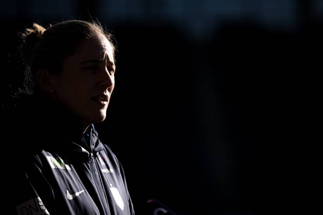 240226 Head coach Gemma Grainger of the Norwegian women s national football team during a press conference, PK, Pressekonferenz on February 26, 2024 in Stavanger. Photo: Marius Simensen BILDBYRAN COP 238 bbeng dam football fotball fotboll norge norway press conference pressekonferanse soccer uefa women s nations league Copyright: MARIUSxSIMENSEN BB240226BB194