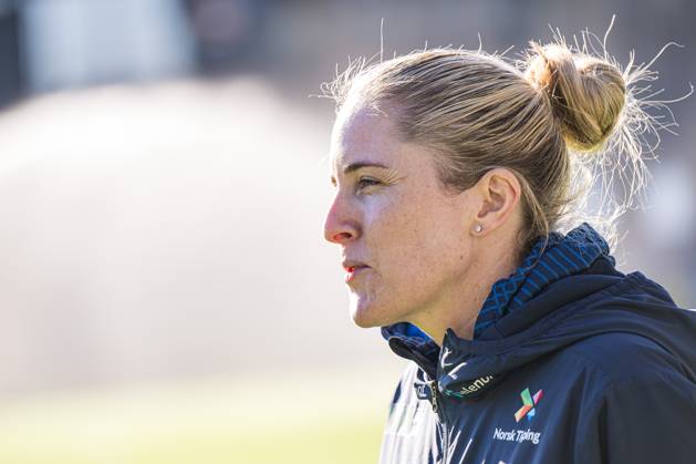 240226 Head coach Gemma Grainger of the Norwegian women s national football team during a press conference, PK, Pressekonferenz on February 26, 2024 in Stavanger. Photo: Marius Simensen BILDBYRAN COP 238 bbeng dam football fotball fotboll norge norway press conference pressekonferanse soccer uefa women s nations league Copyright: MARIUSxSIMENSEN BB240226BB201