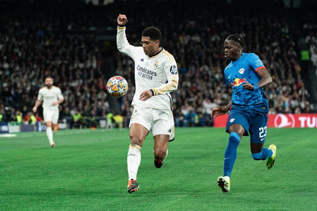 Real Madrid CF v RB Leipzig - Champions League MADRID, SPAIN, MARCH 6: Jude Bellingham of Real Madrid CF and Castello Lukeba of RB Leipzig during the 2st leg Champions League round of 16 match between Real Madrid CF and RB Leipzig at Estadio Santiago Bernabeu on March 06, 2024 in Madrid, Spain. Madrid Santiago Bernabeu Madrid Spain Copyright: xAlexxPerezx RealMadridLeipzig06mar (3)