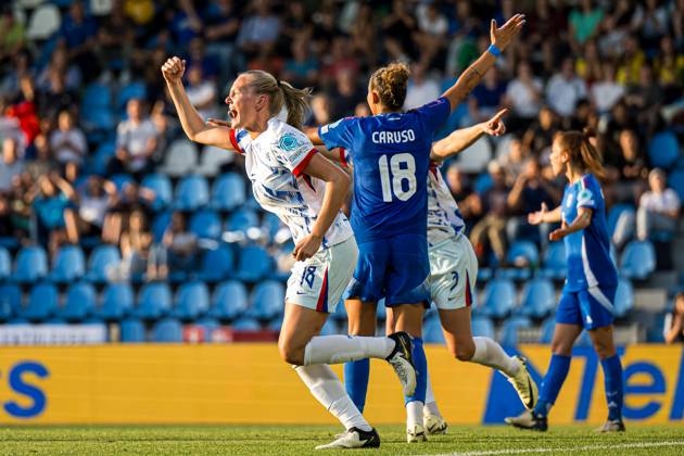 240604 Frida Maanum of Norway celebrates after scoring the 1-1 goal during the UEFA Women s EURO Qualifier, EM, Europameisterschaft football match between Italy and Norway on June 4, 2024 in Ferrara. Photo: Marius Simensen BILDBYRAN COP 238 bbeng dam em-kval em-kvalifisering kvinner em-kvalik football fotball fotboll italy jubel landskamp norge norway soccer UEFA EURO, EM, Europameisterschaft,Fussball qualifier Copyright: MARIUSxSIMENSEN BB240604BB481