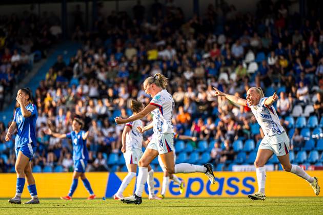 240604 Frida Maanum of Norway celebrates after scoring the 1-1 goal during the UEFA Women s EURO Qualifier, EM, Europameisterschaft football match between Italy and Norway on June 4, 2024 in Ferrara. Photo: Marius Simensen BILDBYRAN COP 238 bbeng dam em-kval em-kvalifisering kvinner em-kvalik football fotball fotboll italy jubel landskamp norge norway soccer UEFA EURO, EM, Europameisterschaft,Fussball qualifier Copyright: MARIUSxSIMENSEN BB240604BB513