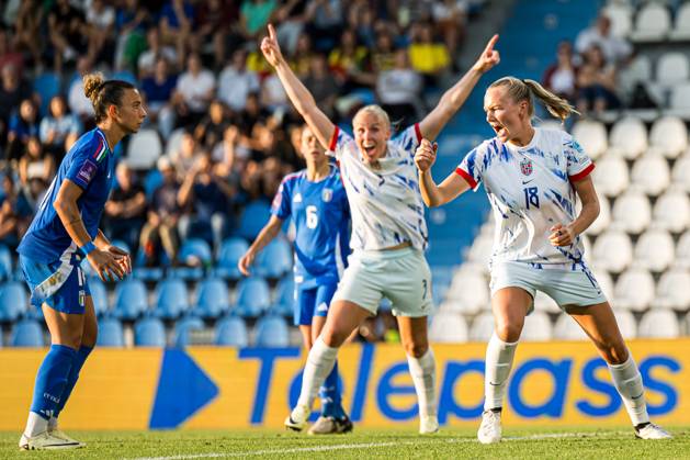 240604 Frida Maanum of Norway celebrates after scoring the 1-1 goal during the UEFA Women s EURO Qualifier, EM, Europameisterschaft football match between Italy and Norway on June 4, 2024 in Ferrara. Photo: Marius Simensen BILDBYRAN COP 238 bbeng dam em-kval em-kvalifisering kvinner em-kvalik football fotball fotboll italy jubel landskamp norge norway soccer UEFA EURO, EM, Europameisterschaft,Fussball qualifier Copyright: MARIUSxSIMENSEN BB240604BB914