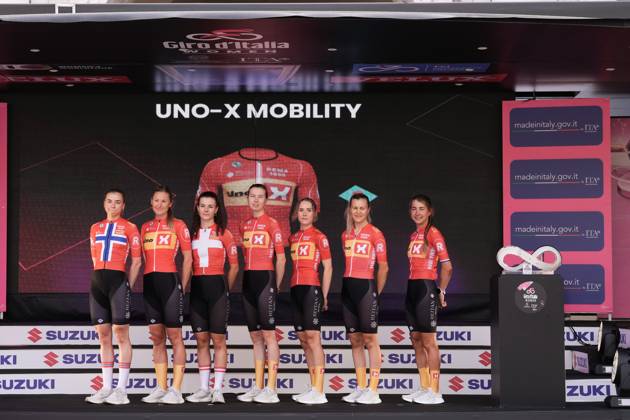 Uno-X-Mobility team during the team presentation ahead of the Giro d™Italia Women cycling race in Brescia. The race starts on Sunday, July 7, with the first stage Tudor ITT over 15,7km, from Brescia to Brescia , North west Italy - Saturday, July 6, 2024. - cycling . Copyright: xMassimoxPaolone Lapressex