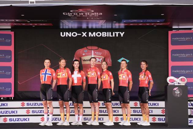 Uno-X-Mobility team during the team presentation ahead of the Giro d™Italia Women cycling race in Brescia. The race starts on Sunday, July 7, with the first stage Tudor ITT over 15,7km, from Brescia to Brescia , North west Italy - Saturday, July 6, 2024. - cycling . Copyright: xMassimoxPaolone Lapressex