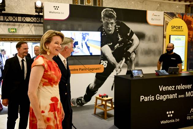 Queen Mathilde of Belgium, King Philippe - Filip of Belgium and BOIC - COIB chairman Jean-Michel Saive pictured during the official opening of the Lotto Belgium House at the start of the Paris 2024 Olympic Games, Olympische Spiele, Olympia, OS on Friday 26 July 2024 in Paris, France . The Games of the XXXIII Olympiad are taking place in Paris from 26 July to 11 August. The Belgian delegation counts 165 athletes in 21 sports. DIRKxWAEM x97076045x