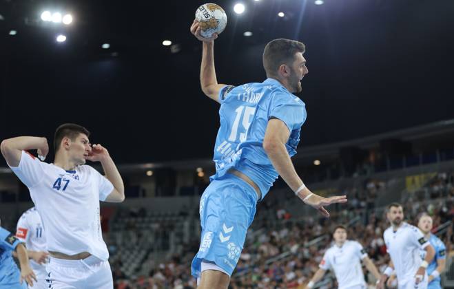 HC Zagreb v Aalborg Handbold - EHF Champions League ZAGREB, CROATIA - SEPTEMBER 18: Jack Thurin of Aalborg Handbold shots during EHF Champions League Group Phase match between HC Zagreb and Aalborg Handbold at Arena Zagreb on September 18, 2024 in Zagreb, Croatia. SanjinxStrukic PIXSELL