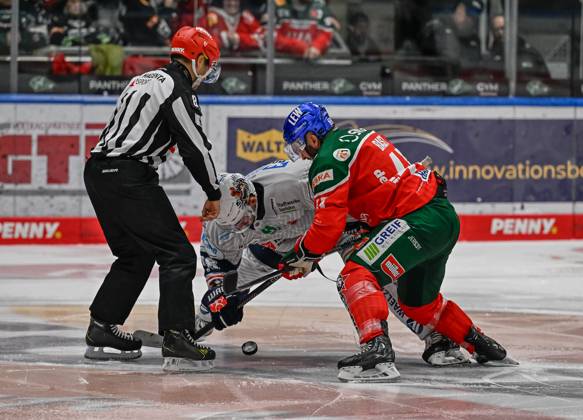 Linesperson David Tschirner fuehrt ein Bully aus zwischen Eric Cornel (Iserlohn Roosters, 18) und Jason Bast (Augsburger Panther, 45). GER, Augsburger Panther gegen Iserlohn Roosters, Eishockey, DEL, 5. Spieltag, Saison 2024 2025, 02.10.2024. GER, Augsburger Panther gegen Iserlohn Roosters, Eishockey, DEL, 5. Spieltag, Saison 2024 2025, 02.10.2024. Augsburg Copyright: xEibner-Pressefoto HeikoxFeinerx EP_HFR