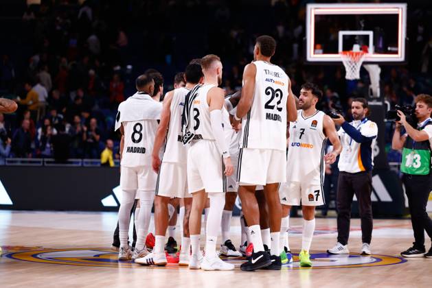 October 10, 2024, Madrid, Madrid, SPAIN: Players of Real Madrid celebrate the victory during the Turkish Airlines EuroLeague, basketball match played between Real Madrid and Partizan Mozzart Bet Belgrade at WiZink Center on October 10, 2024 in Madrid, Spain. Madrid SPAIN - ZUMAa181 20241010_zaa_a181_197 Copyright: xDennisxAgyemanx