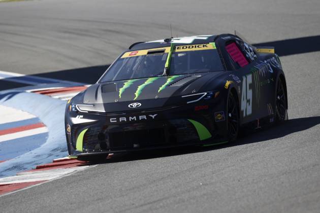 CHARLOTTE, NC - OCTOBER 12: Tyler Reddick ( 45 23XI Racing Monster Energy Toyota) drives into turn 3 during qualifying for the NASCAR, Motorsport, USA Cup Series Bank of America ROVAL 400 on October 12, 2024 at Charlotte Motor Speedway in Charlotte, NC. (Photo by Jeff Robinson Icon Sportswire) AUTO: OCT 12 NASCAR Cup Series Bank of America ROVAL 400 EDITORIAL USE ONLY Icon2410122850400