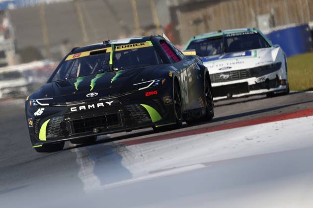 CHARLOTTE, NC - OCTOBER 13: Tyler Reddick ( 45 23XI Racing Monster Energy Toyota) drives into turn 5 during the running of the NASCAR, Motorsport, USA Cup Series Bank of America ROVAL 400 on October 13, 2024 at Charlotte Motor Speedway in Charlotte, NC. (Photo by Jeff Robinson Icon Sportswire) AUTO: OCT 13 NASCAR Cup Series Bank of America ROVAL 400 EDITORIAL USE ONLY Icon2410131938400