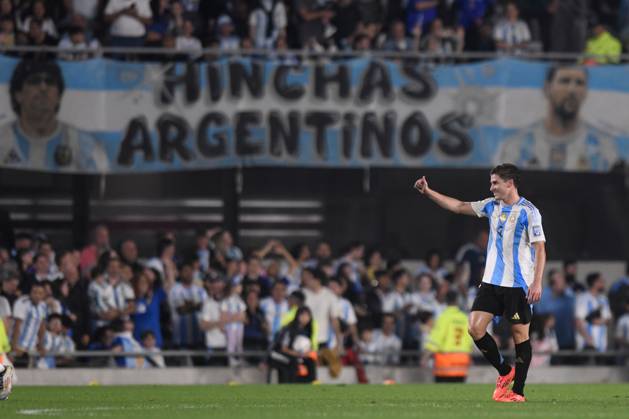 BUENOS AIRES, ARGENTINA - OCTOBER 15: Julian Alvarez of Argentina celebrates after scoring goal during the FIFA World Cup, WM, Weltmeisterschaft, Fussball 2026 South American Qualifier match between Argentina and Bolivia at Estadio Mas Monumental Antonio Vespucio Liberti on October 15, 2024 in Buenos Aires, Argentina. Photo by D.Halisz SFSI Argentina v Bolivia - FIFA World Cup 2026 Qualifier Copyright: xDiegoxHalisz SFSIx