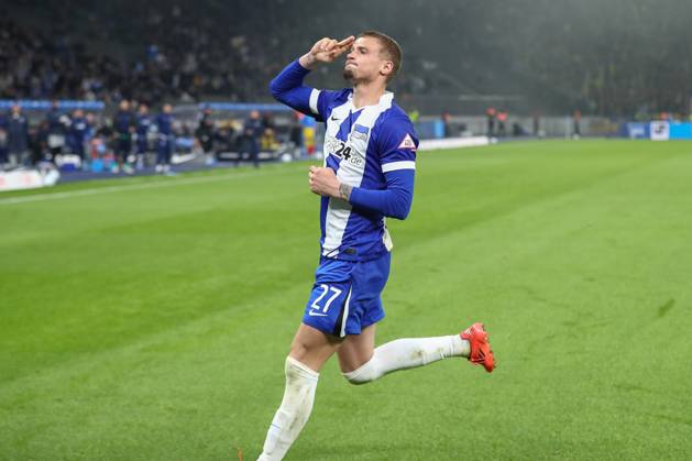 18.10.2024, xtgx, Fussball - 2.Bundesliga, Hertha BSC Berlin - Eintracht Braunschweig emspor, v.l. Jubel nach dem 1:1 durch Michael Cuisance (Hertha, 27) (DFL DFB REGULATIONS PROHIBIT ANY USE OF PHOTOGRAPHS as IMAGE SEQUENCES and or QUASI-VIDEO) Berlin