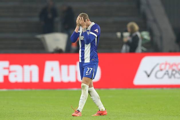 18.10.2024, xtgx, Fussball - 2.Bundesliga, Hertha BSC Berlin - Eintracht Braunschweig emspor, v.l. Michael Cuisance (Hertha, 27) enttaeuscht, schaut enttaeuscht, niedergeschlagen, disappointed (DFL DFB REGULATIONS PROHIBIT ANY USE OF PHOTOGRAPHS as IMAGE SEQUENCES and or QUASI-VIDEO) Berlin